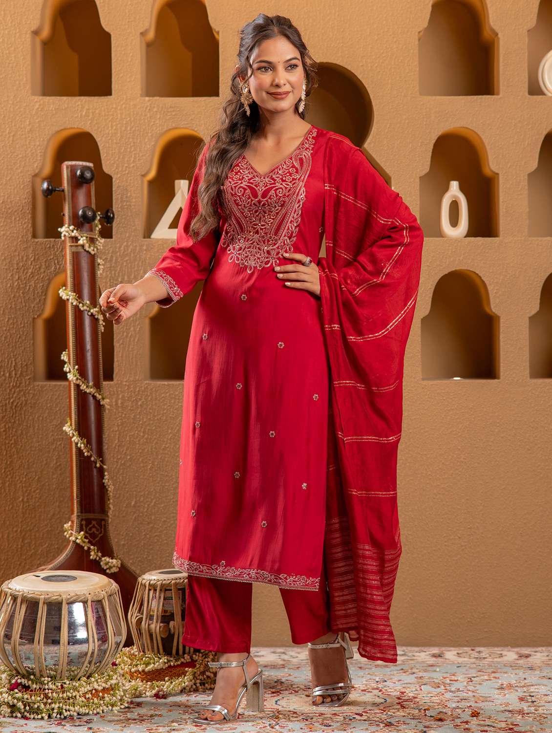 women solid with work three quarter sleeve kurta pant with dupatta set