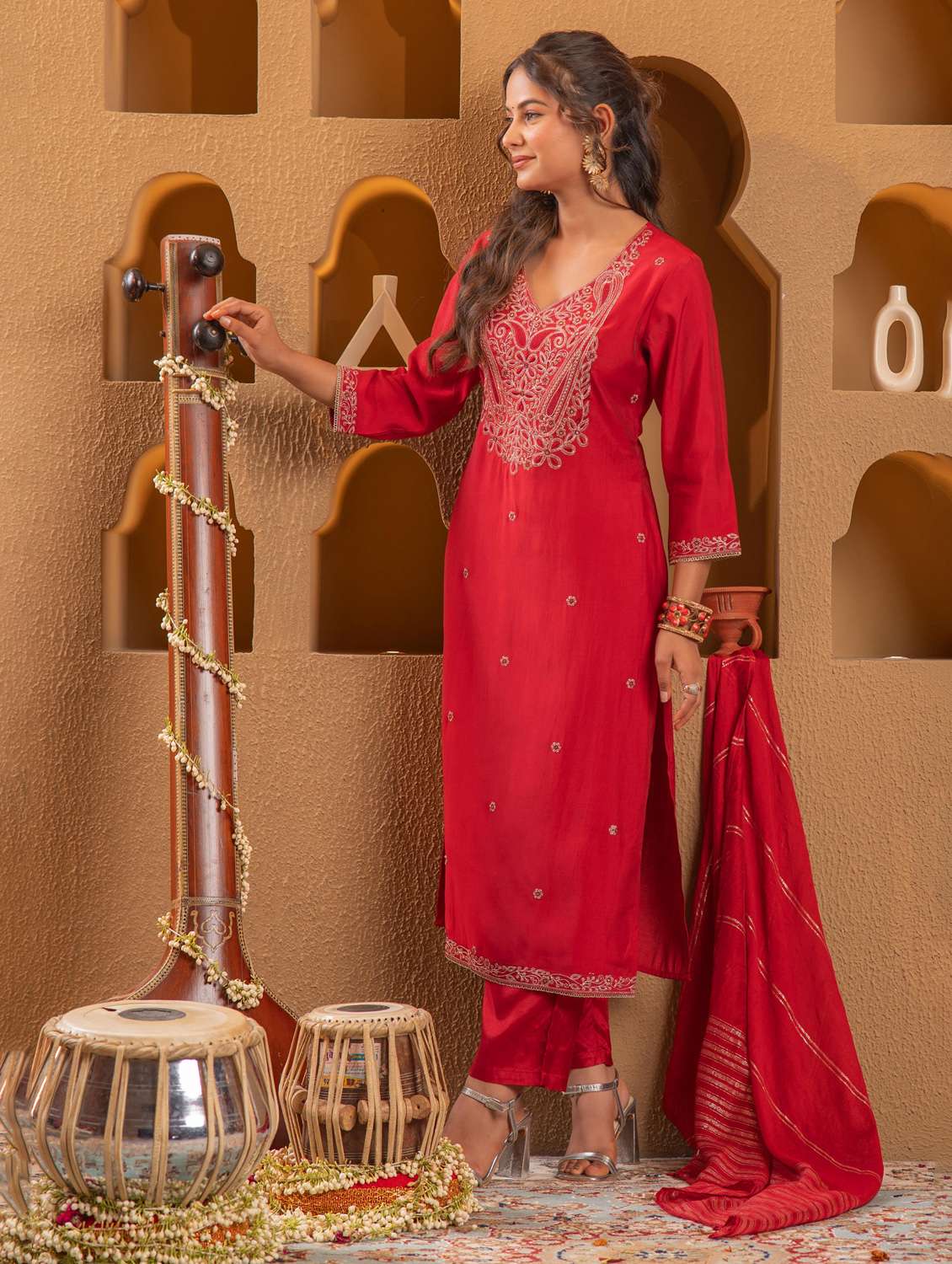 women solid with work three quarter sleeve kurta pant with dupatta set - 22183402 -  Standard Image - 2