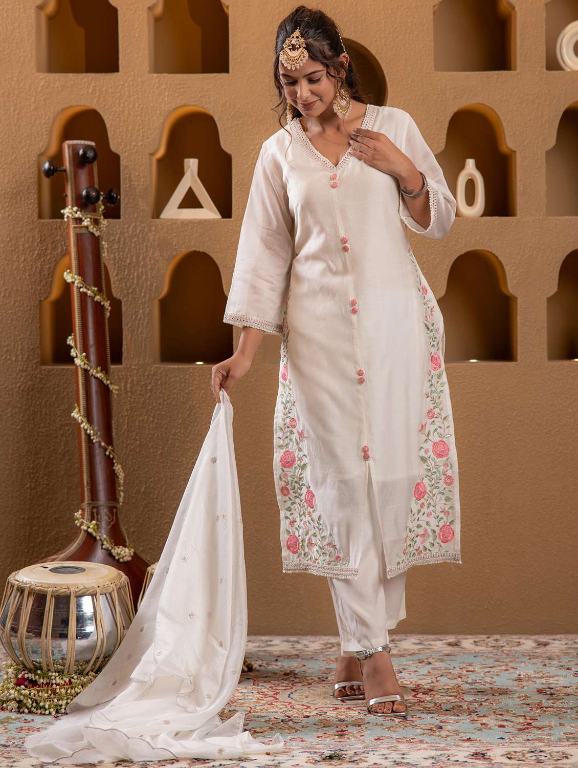 women solid with work three quarter sleeve kurta pant with dupatta set - 22183403 -  Standard Image - 2