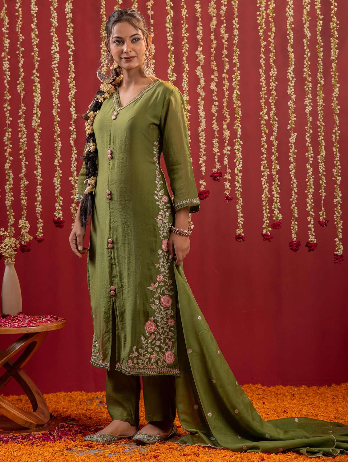 women solid with work three quarter sleeve kurta pant with dupatta set - 22183404 -  Standard Image - 2