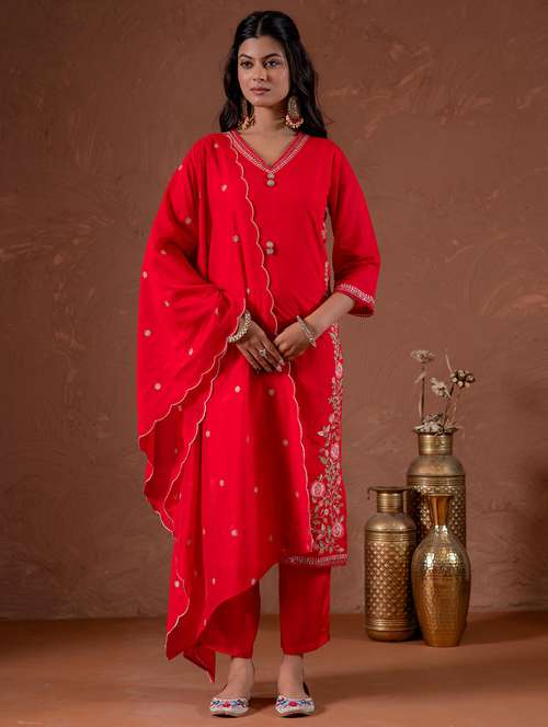 women solid with work three quarter sleeve kurta pant with dupatta set - 22183405 -  Standard Image - 0