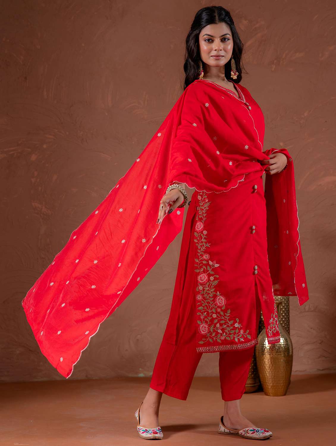 women solid with work three quarter sleeve kurta pant with dupatta set - 22183405 -  Standard Image - 2