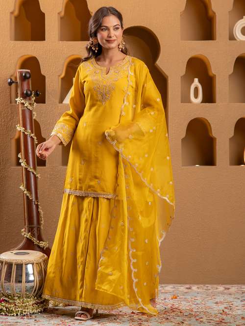 women solid with work three quarter sleeve kurta palazzo with dupatta set - 22183406 -  Standard Image - 0