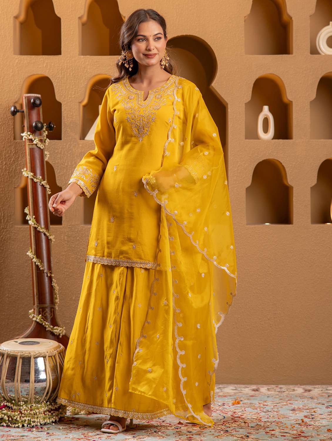 women solid with work three quarter sleeve kurta palazzo with dupatta set