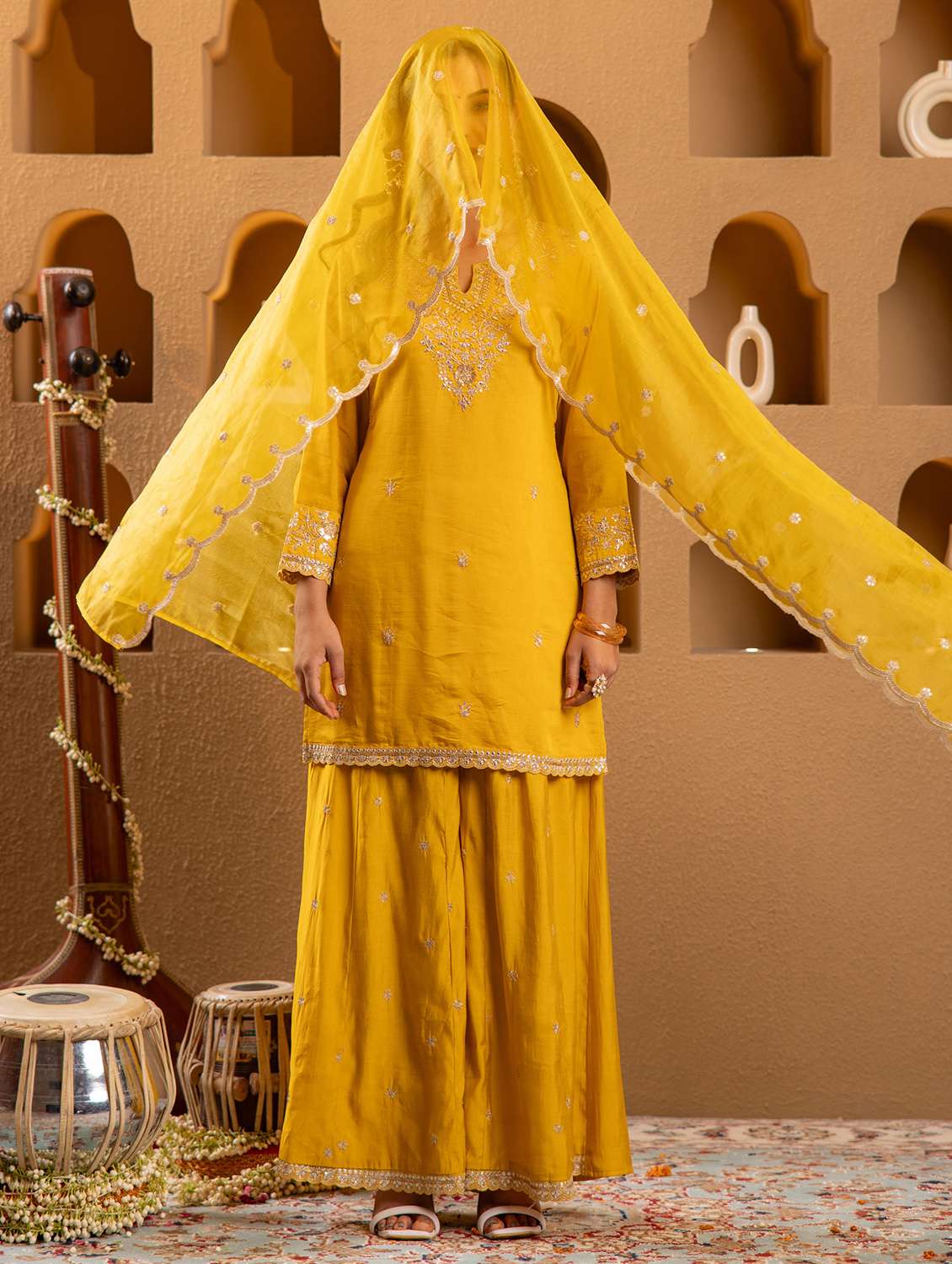 women solid with work three quarter sleeve kurta palazzo with dupatta set - 22183406 -  Standard Image - 2