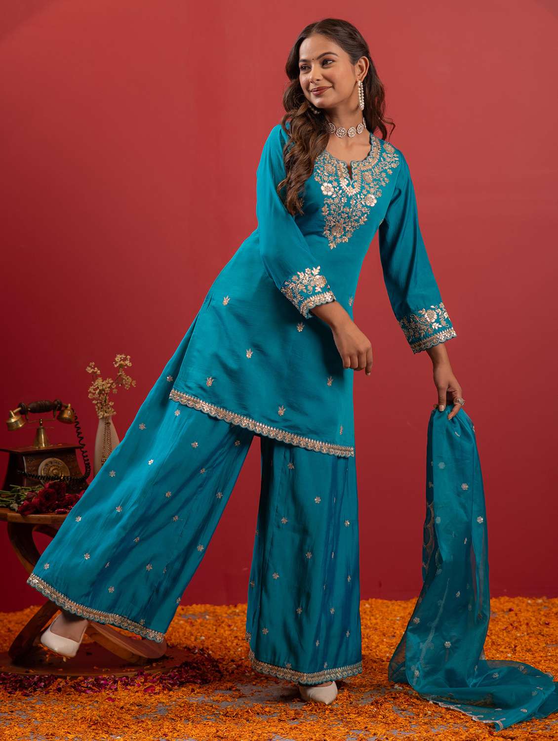 women solid with work three quarter sleeve kurta palazzo with dupatta set - 22183407 -  Standard Image - 2