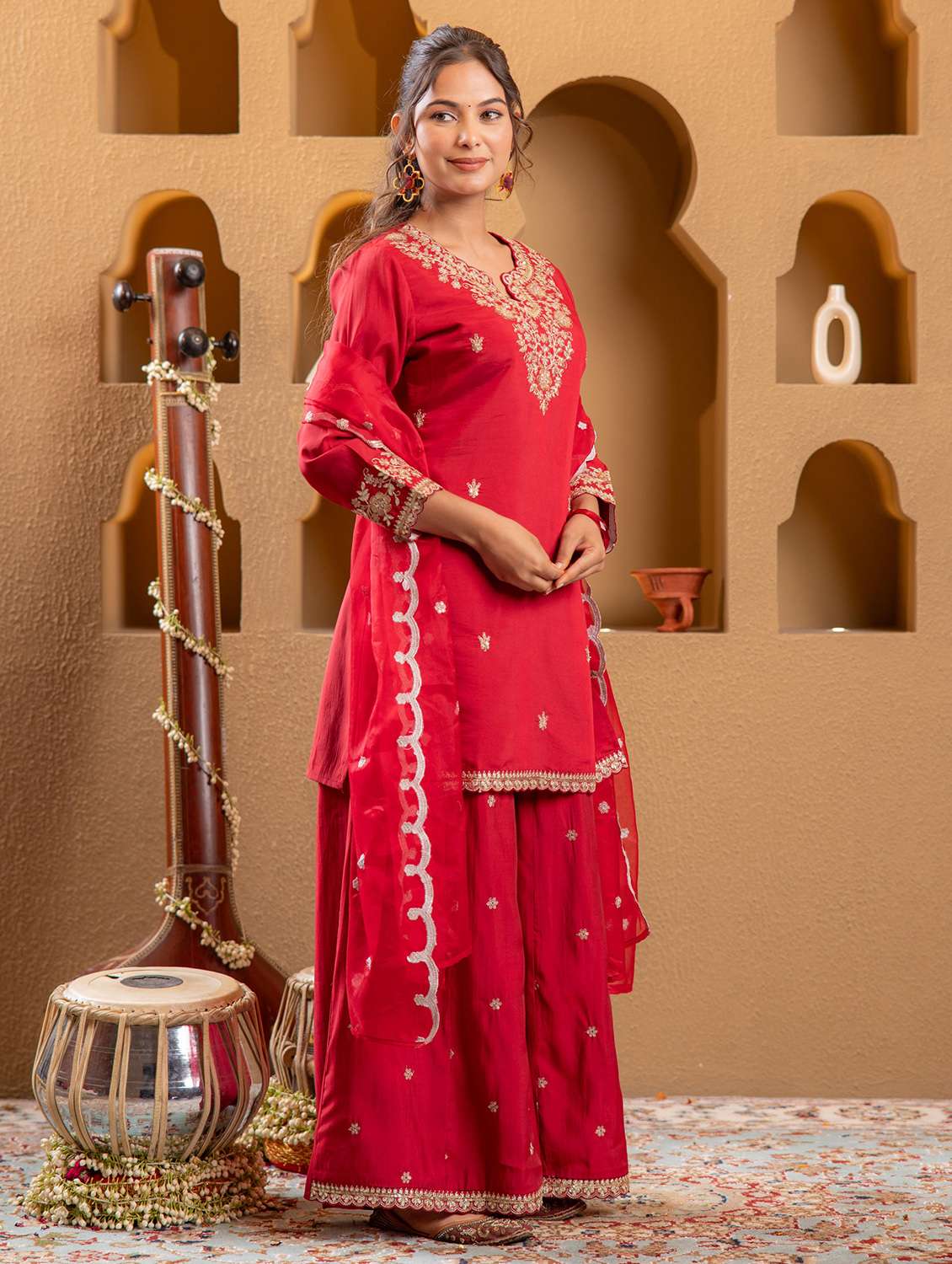 women solid with work three quarter sleeve kurta palazzo with dupatta set - 22183408 -  Standard Image - 2