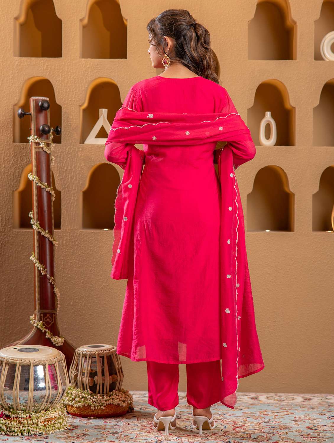 women solid with work three quarter sleeve kurta pant with dupatta set - 22183409 -  Standard Image - 2