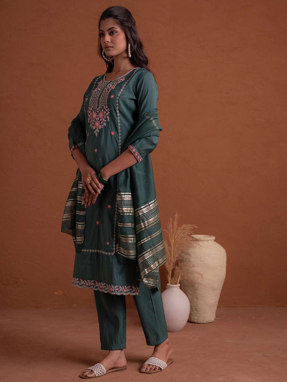 women solid with work three quarter sleeve kurta pant with dupatta set - 22183414 -  Standard Image - 2
