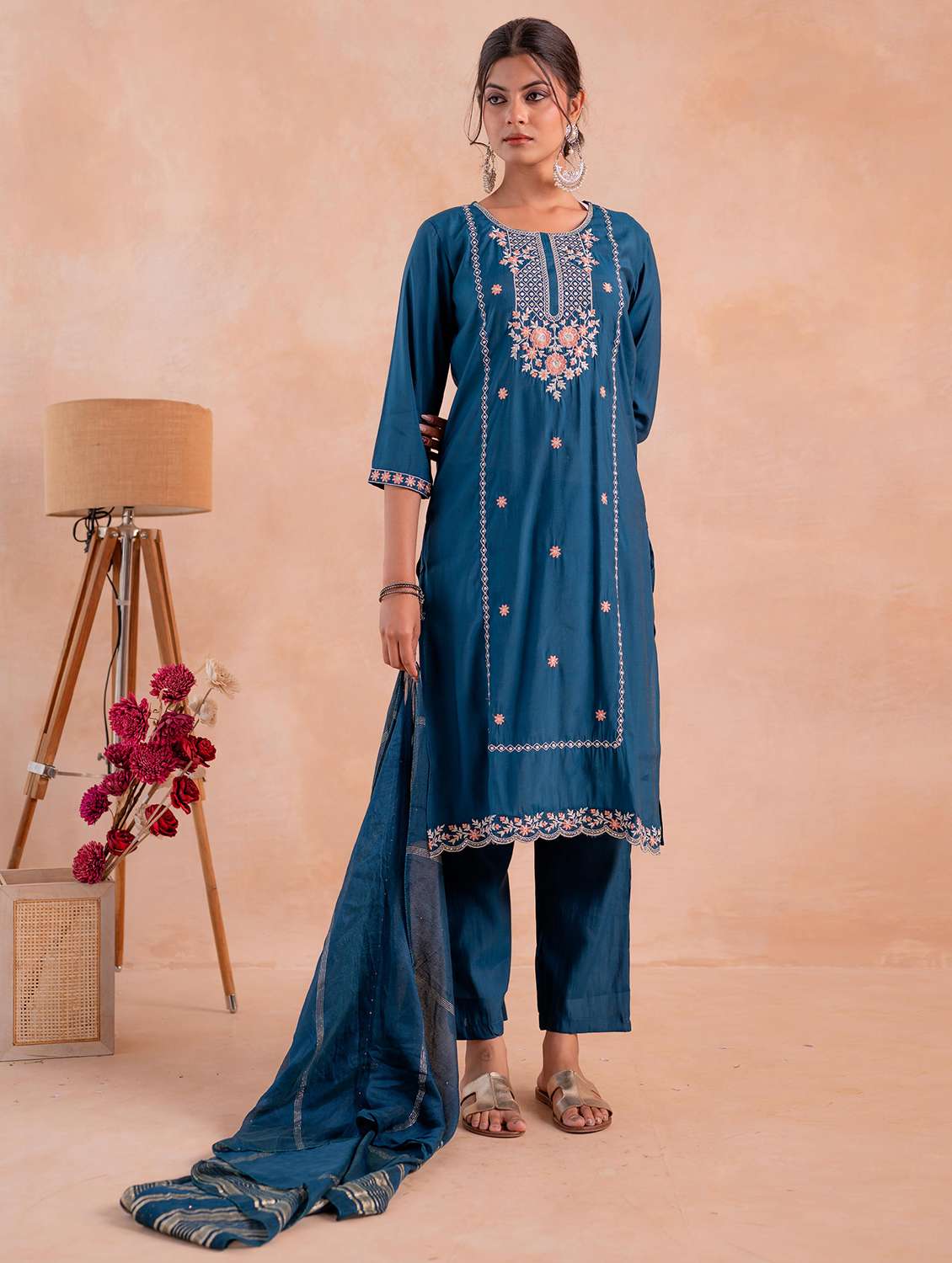 women solid with work three quarter sleeve kurta pant with dupatta set - 22183415 -  Standard Image - 2