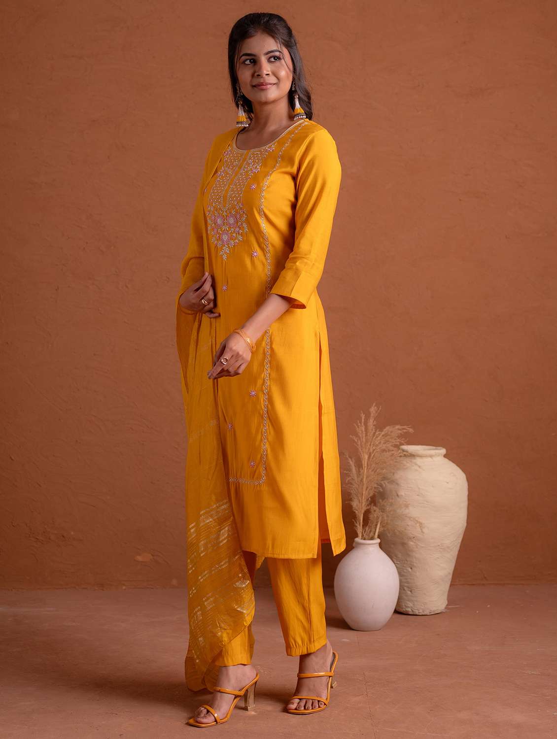 women solid with work three quarter sleeve kurta pant with dupatta set - 22183416 -  Standard Image - 2