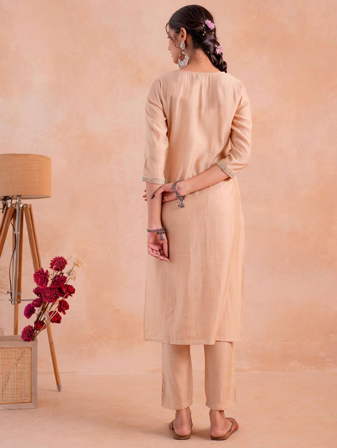 women solid with work three quarter sleeve kurta pant with dupatta set - 22183417 -  Standard Image - 2