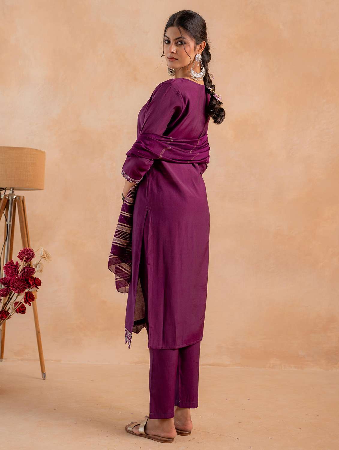 women solid with work three quarter sleeve kurta pant with dupatta set - 22183418 -  Standard Image - 2