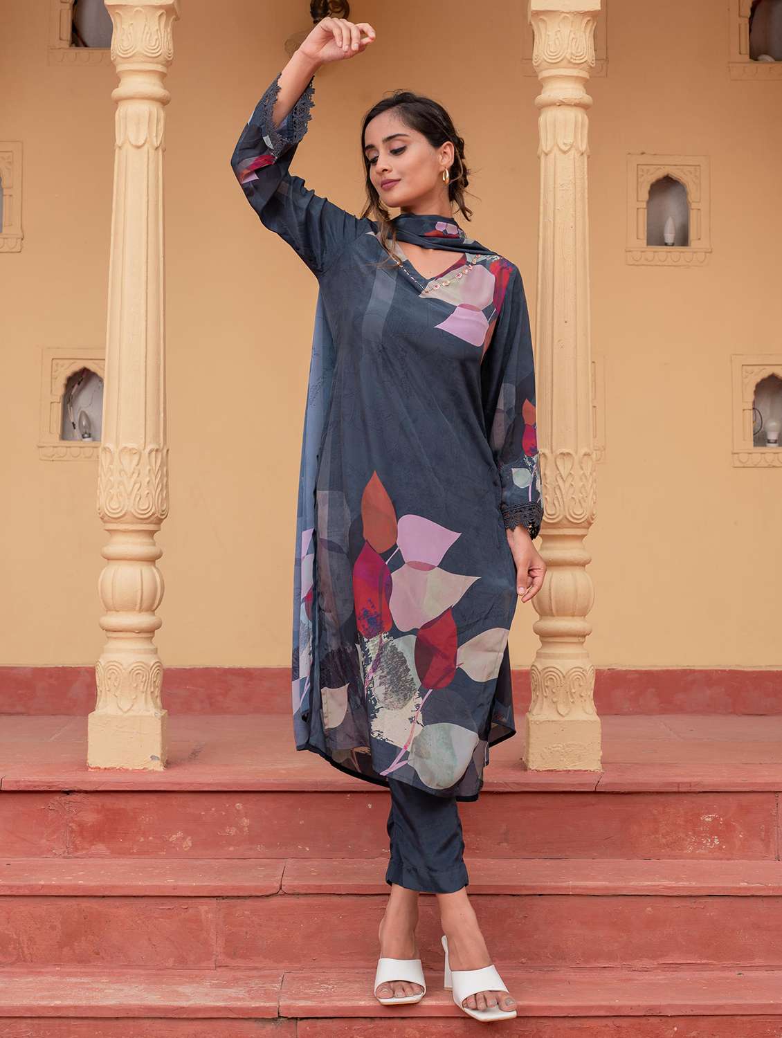 women solid with work long sleeve kurta pant with dupatta set - 22183422 -  Standard Image - 2