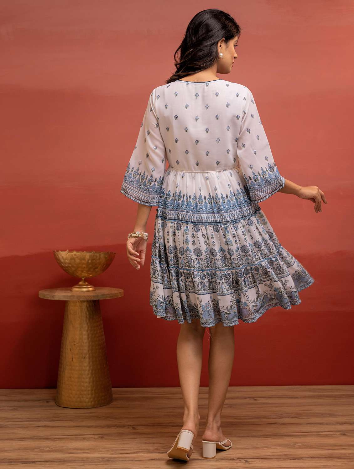 women printed three quarter sleeve tiered ethnic dress - 22183425 -  Standard Image - 2