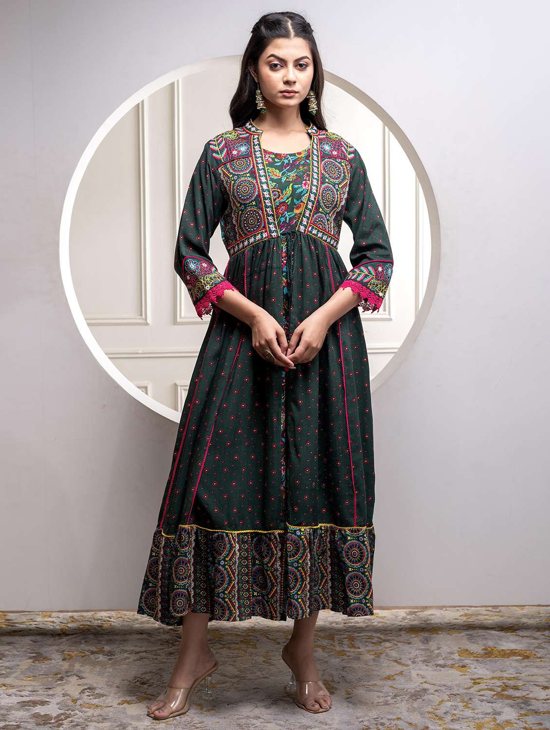 women printed three quarter sleeve fit & flare ethnic dress