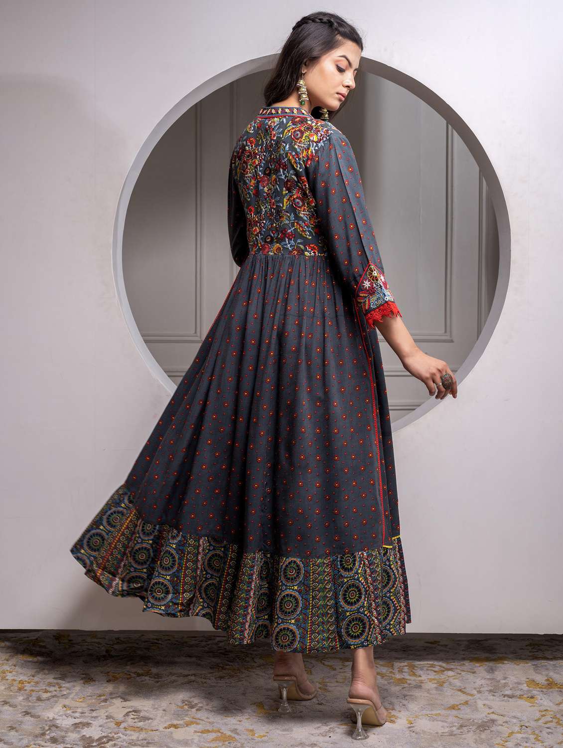 women printed three quarter sleeve fit & flare ethnic dress - 22183428 -  Standard Image - 2