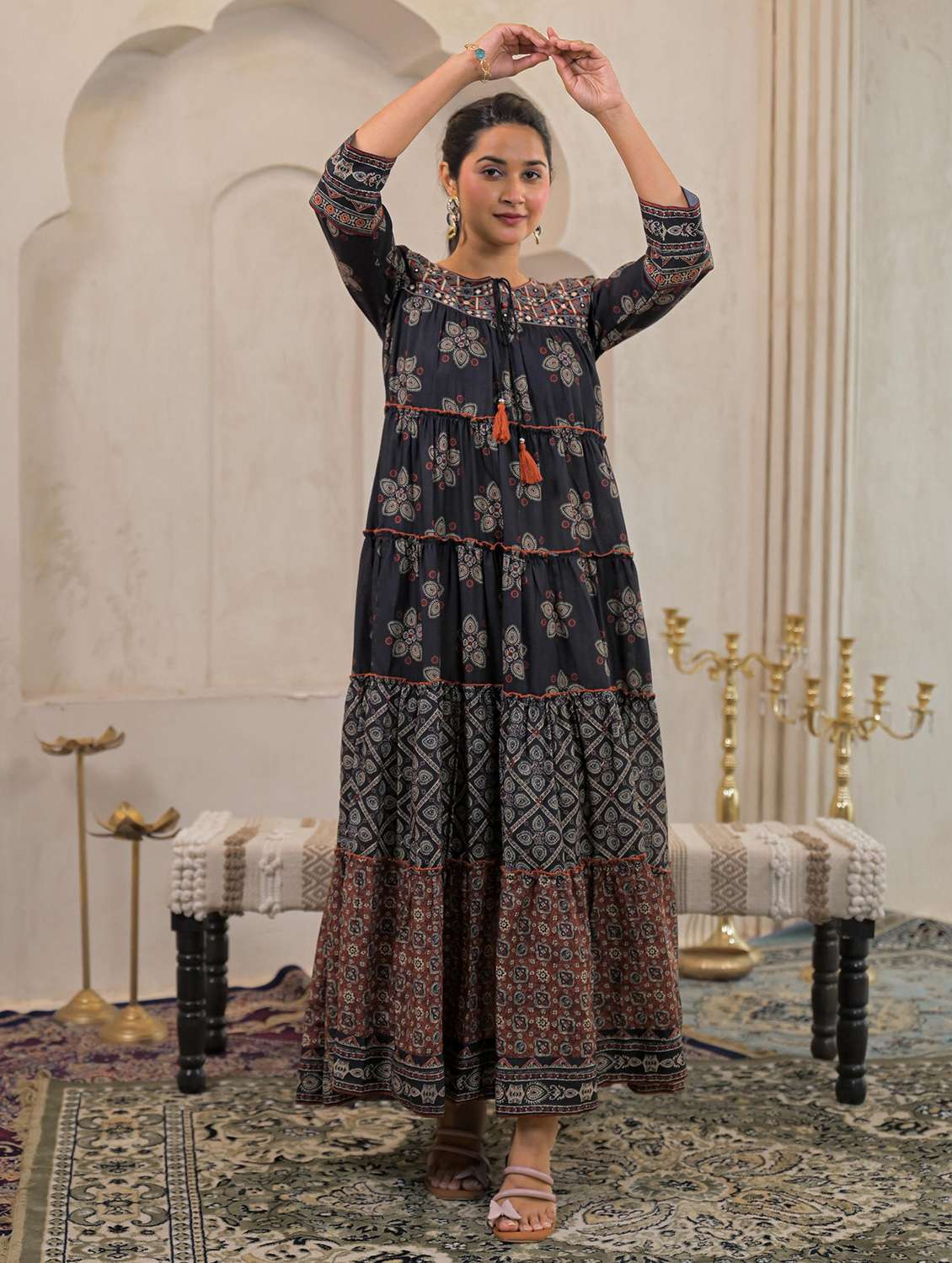 women printed three quarter sleeve tiered ethnic dress - 22183429 -  Standard Image - 2