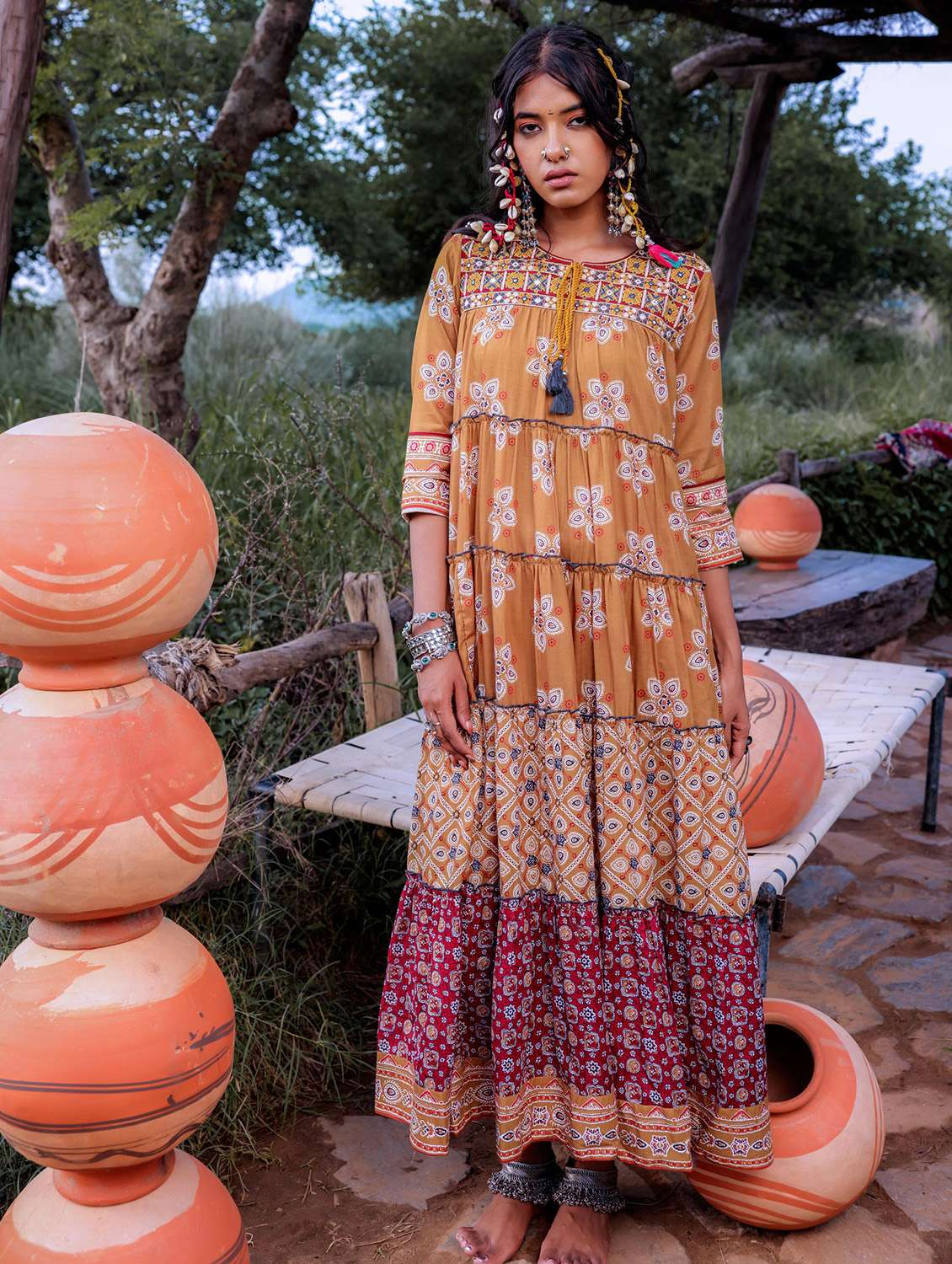 women printed three quarter sleeve tiered ethnic dress - 22183430 -  Standard Image - 2