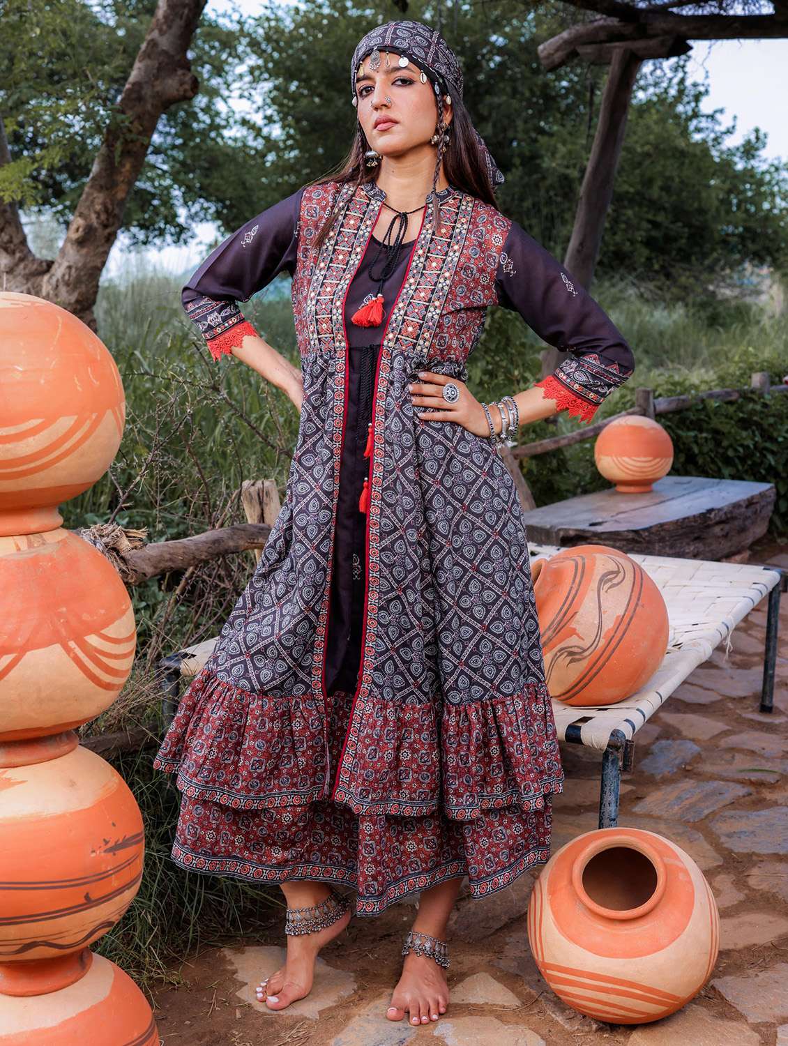 women printed three quarter sleeve layered ethnic dress - 22183431 -  Standard Image - 2