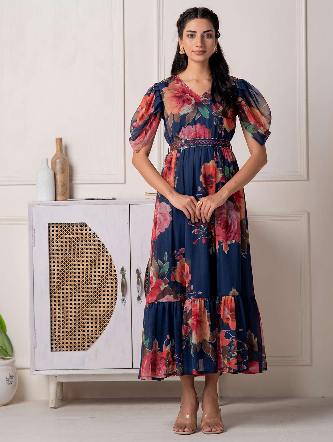 women floral puff sleeve maxi tiered dress