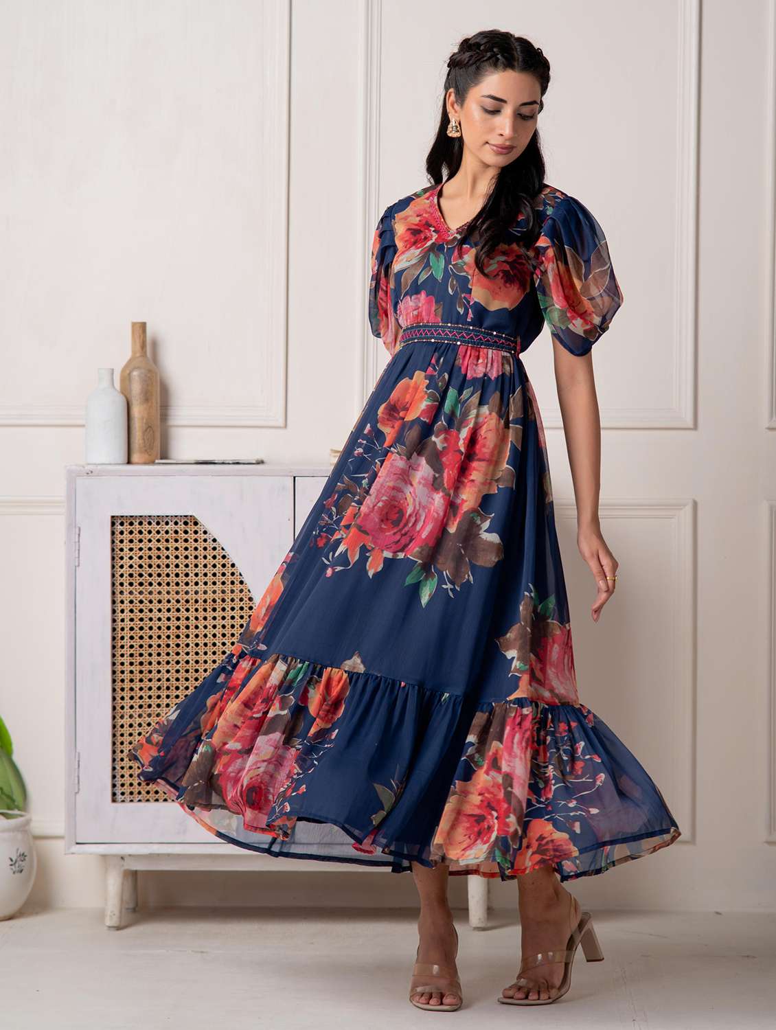 women floral puff sleeve maxi tiered dress - 22183433 -  Standard Image - 2