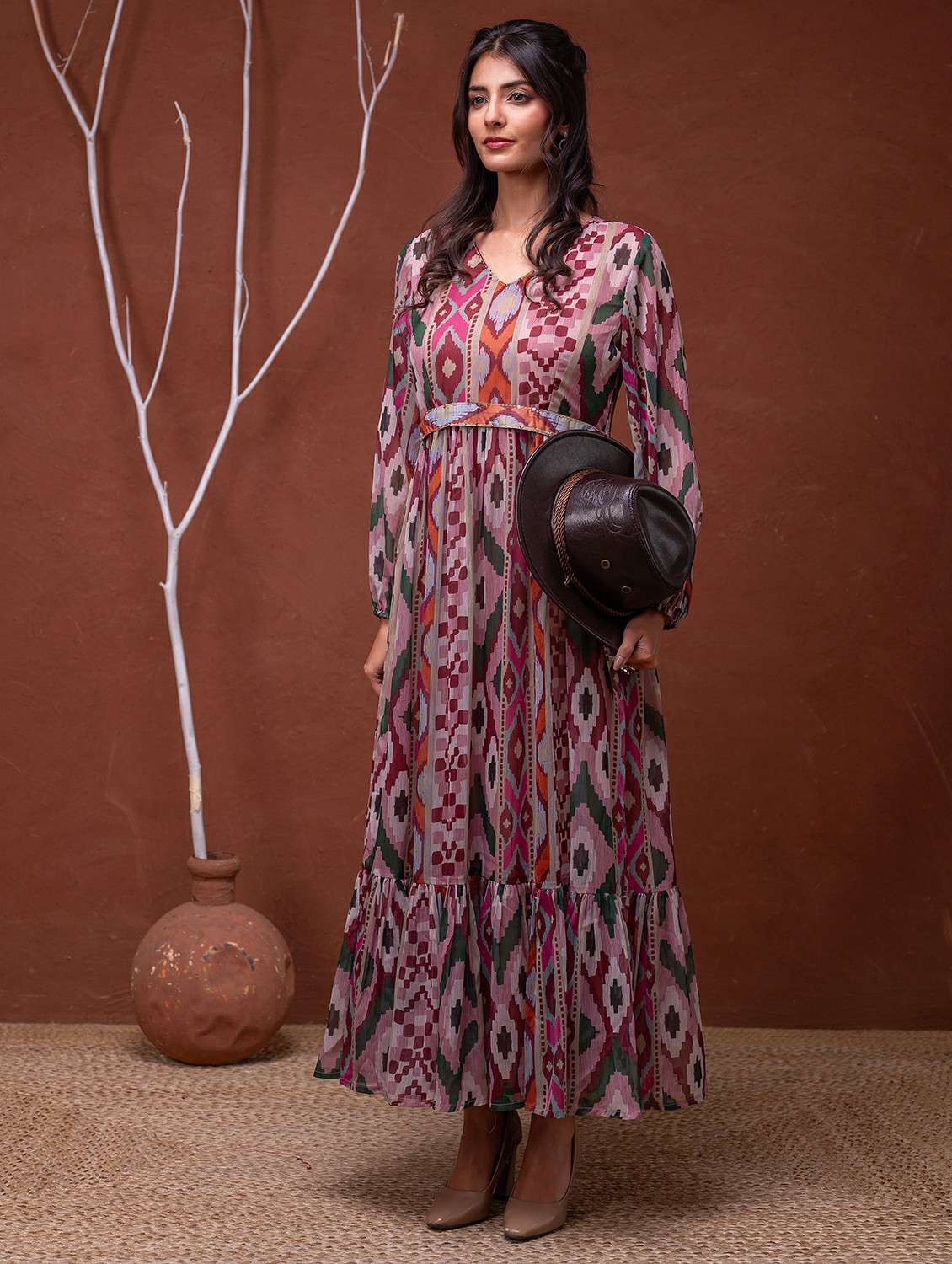 women printed puff sleeve fit & flare dress