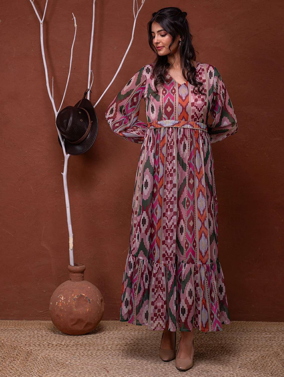 women printed puff sleeve fit & flare dress - 22183436 -  Standard Image - 2