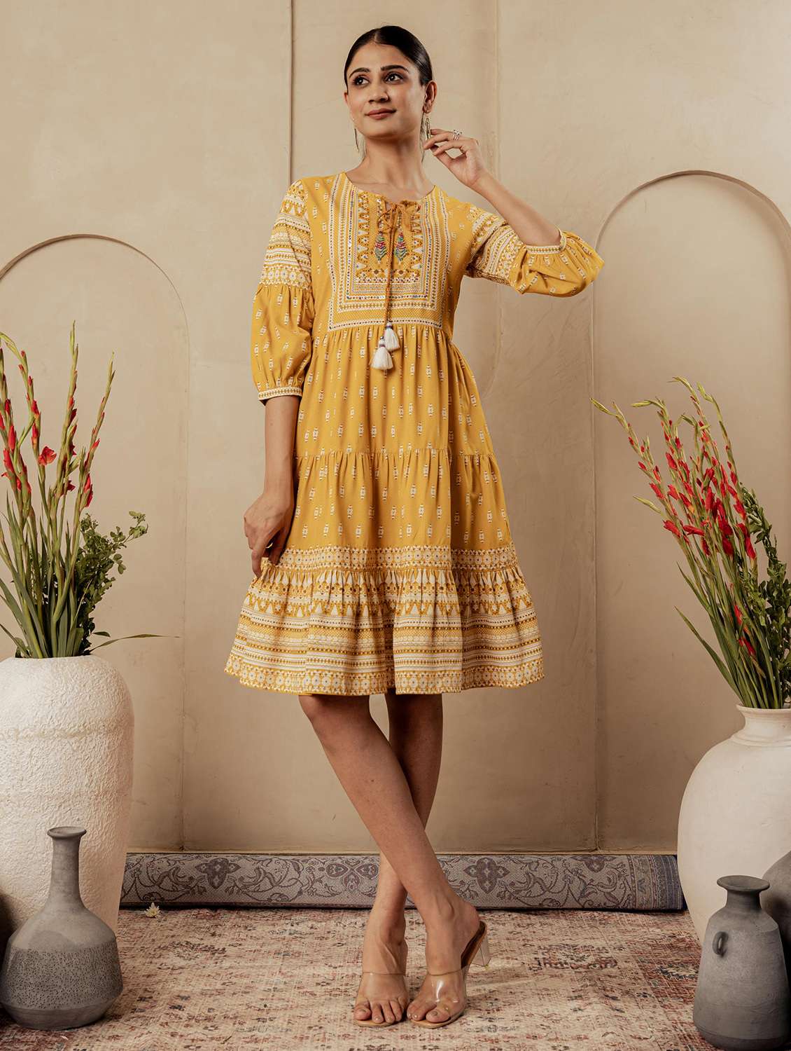 women printed three quarter sleeve tiered ethnic dress