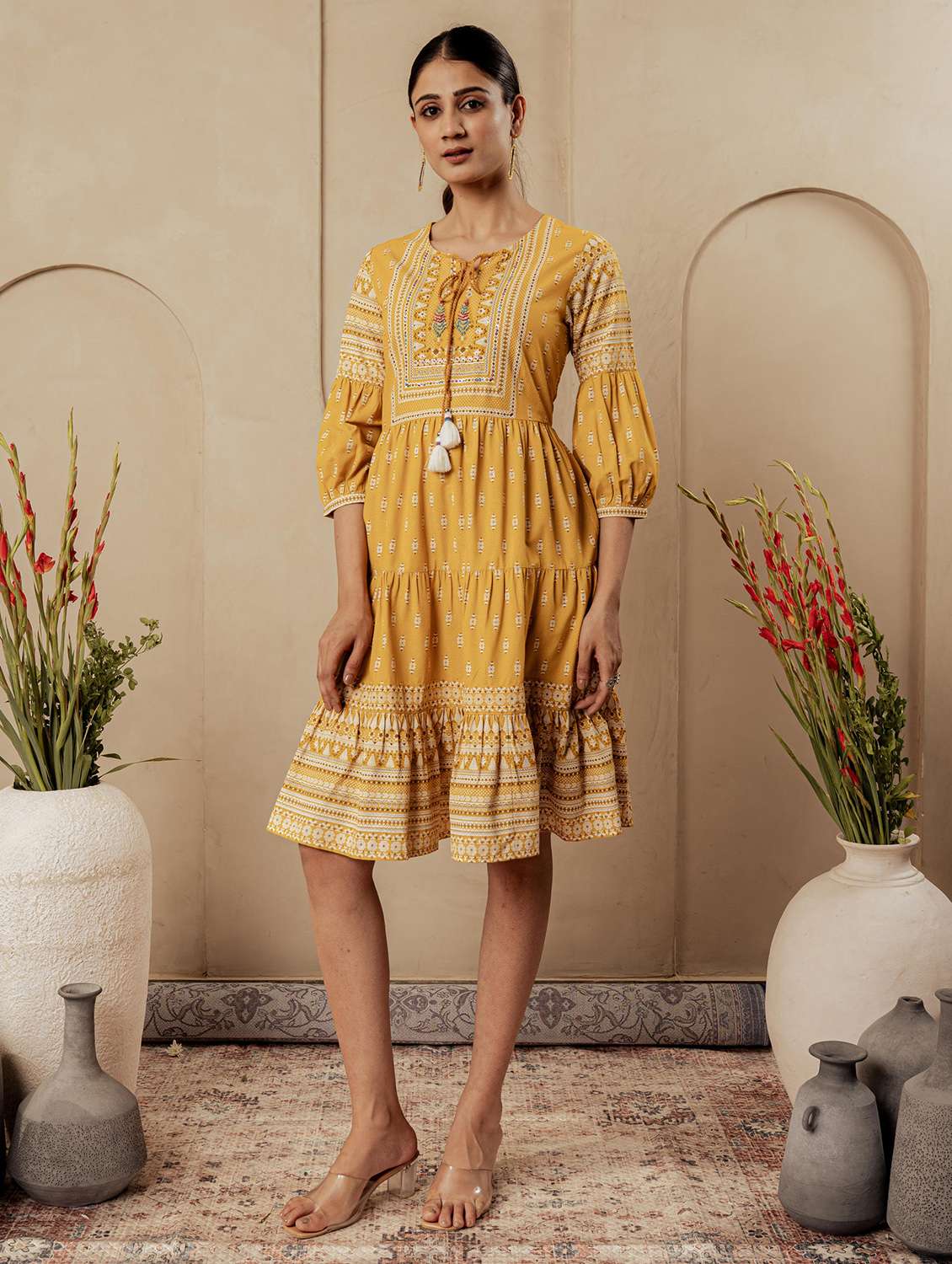 women printed three quarter sleeve tiered ethnic dress - 22183439 -  Standard Image - 2