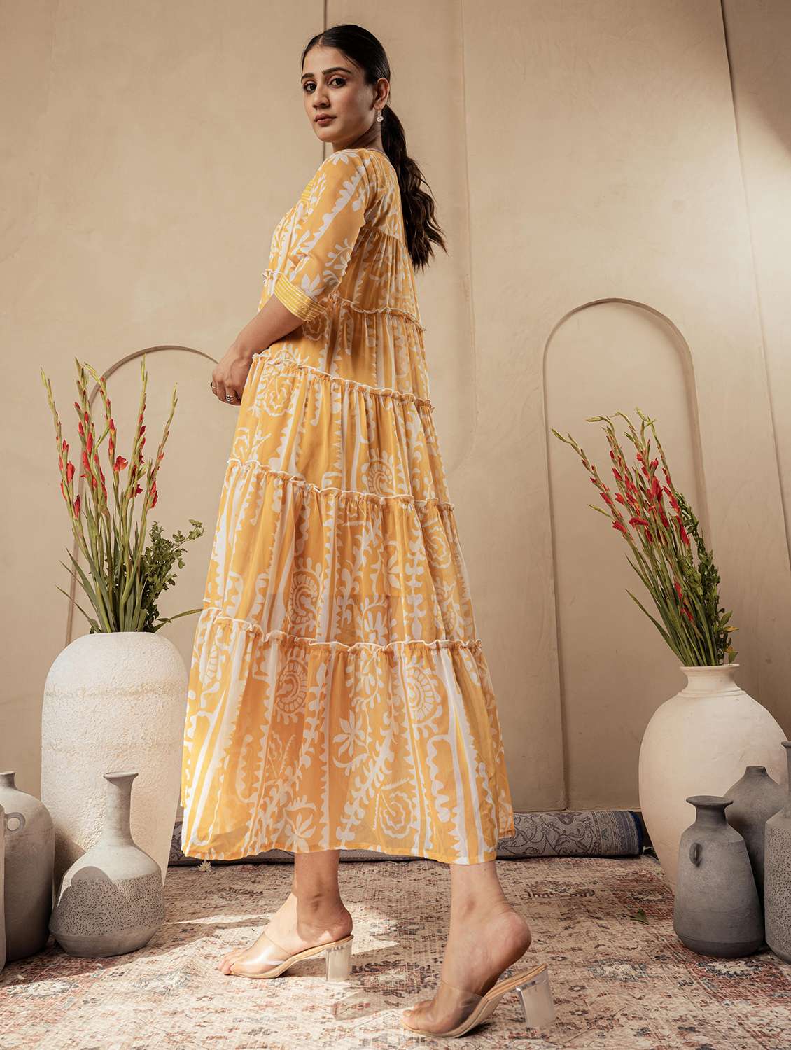 women printed three quarter sleeve tiered ethnic dress - 22183440 -  Standard Image - 2