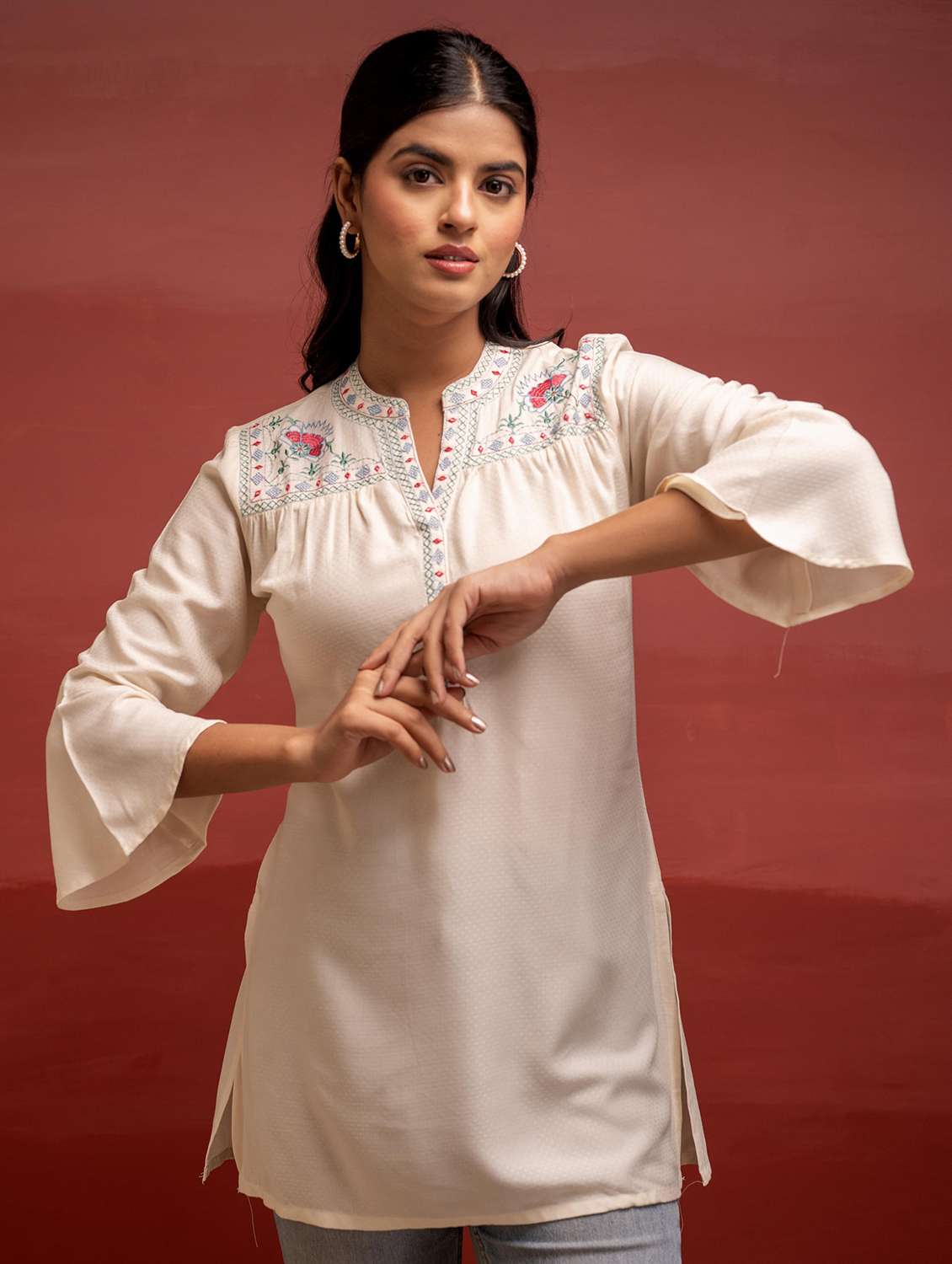 women embroidered bell sleeve straight kurti
