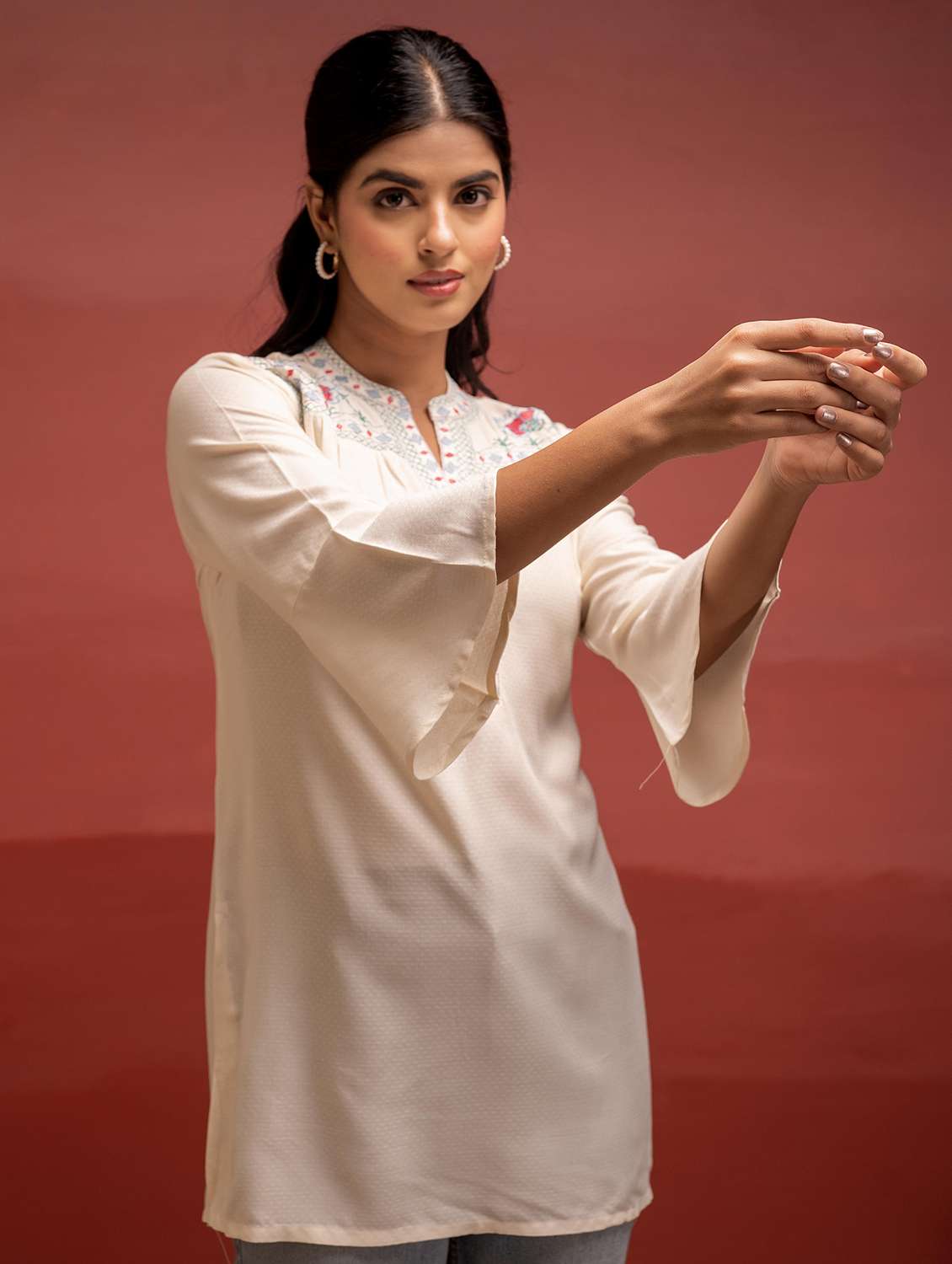 women embroidered bell sleeve straight kurti - 22183451 -  Standard Image - 2