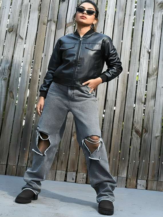 navy blue faux leather bomberbiker jacket - 22183643 -  Standard Image - 2