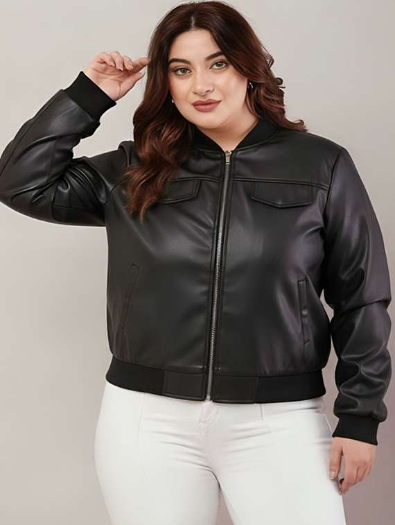 women plus size solid long sleeve leatherette jacket