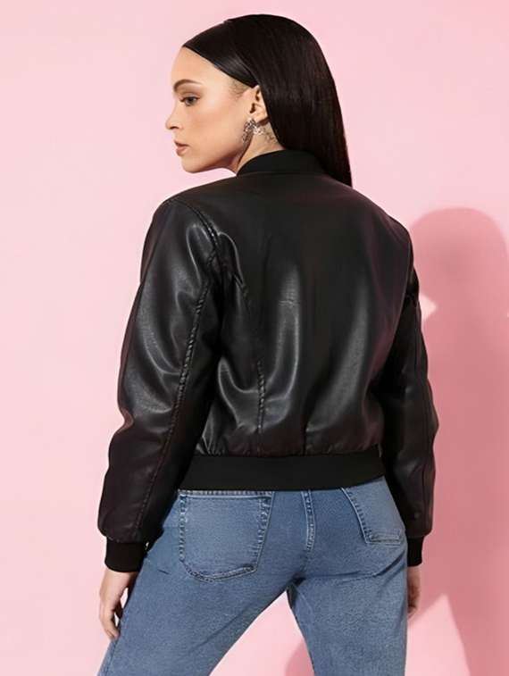 women solid long sleeve leatherette jacket - 22183670 -  Standard Image - 2