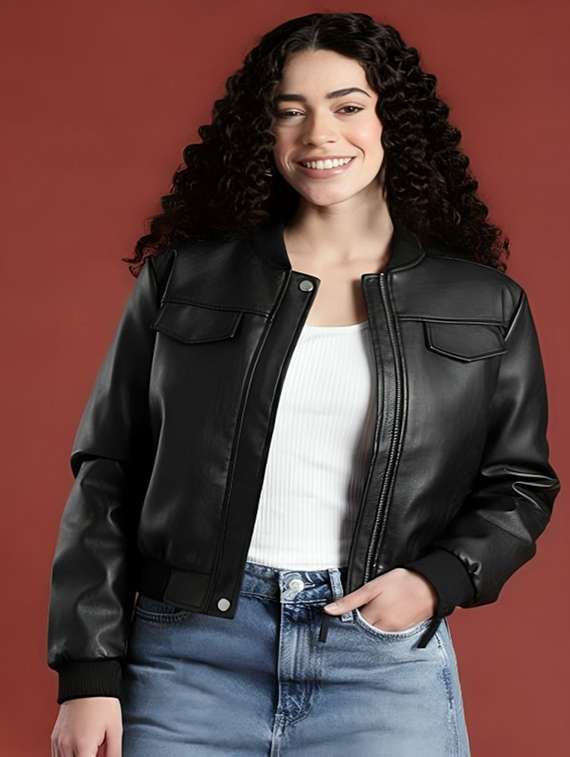 women solid long sleeve leatherette jacket