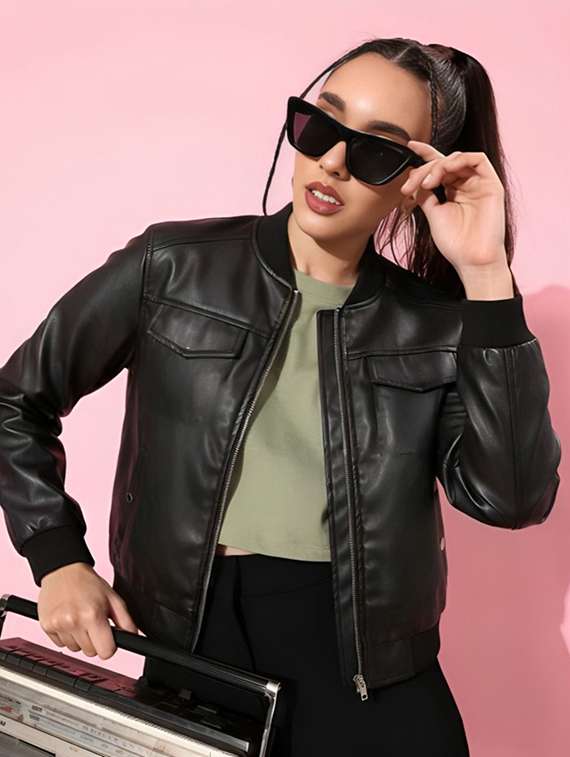 women solid long sleeve leatherette biker jacket