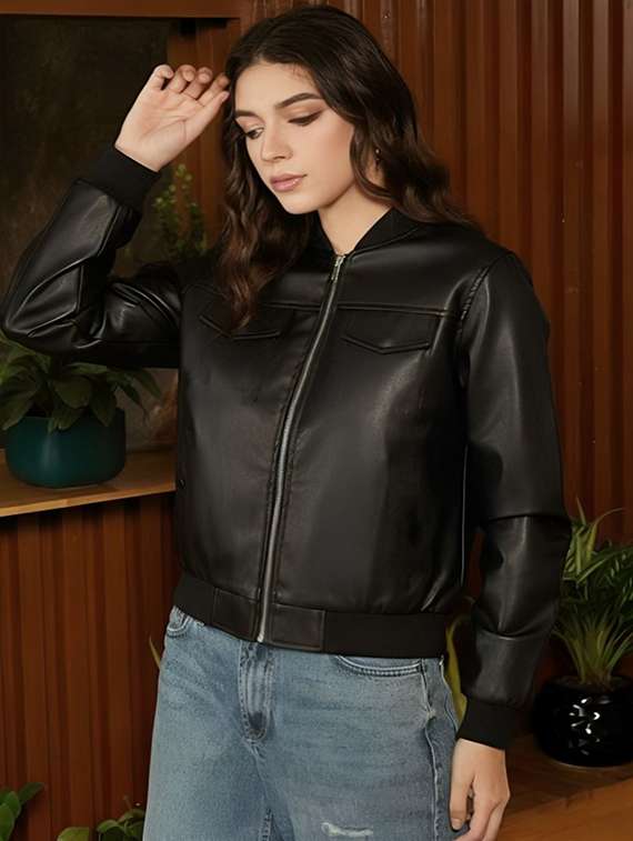 women solid long sleeve leatherette biker jacket