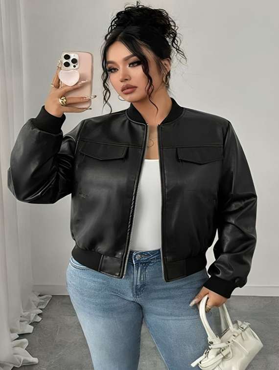 women plus size solid long sleeve leatherette jacket