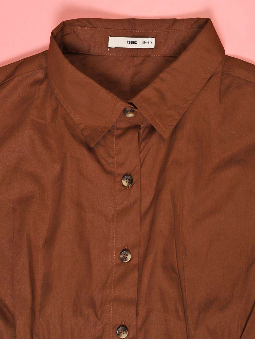 girls brown solid short sleeve shirt dress - 22183701 -  Standard Image - 2