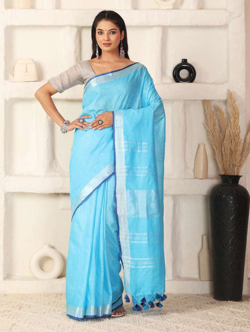 women solid with bordered saree with blouse