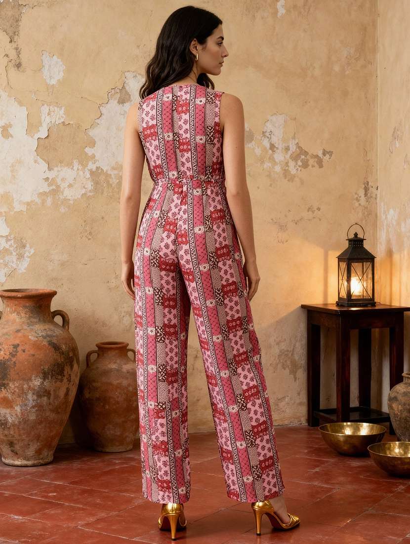 globus women pink keyhole neck sleeveless ethnic print straight fit wide leg fusion jumpsuit - 22184160 -  Standard Image - 2