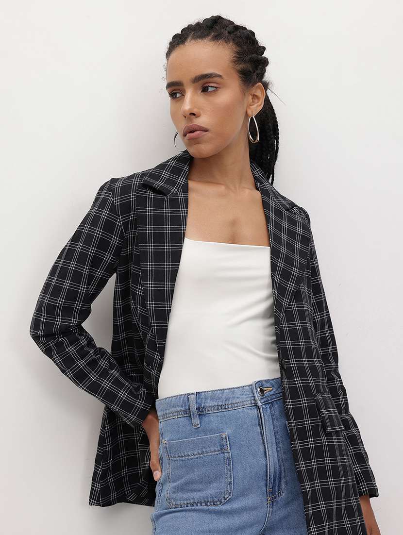 women checkered long sleeve single breasted blazer
