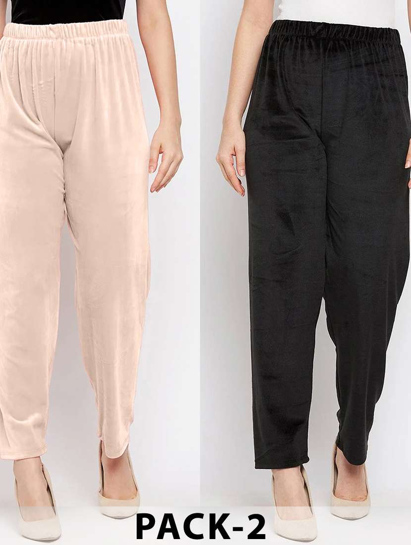 women pack of 2 solid high rise velvet straight trouser