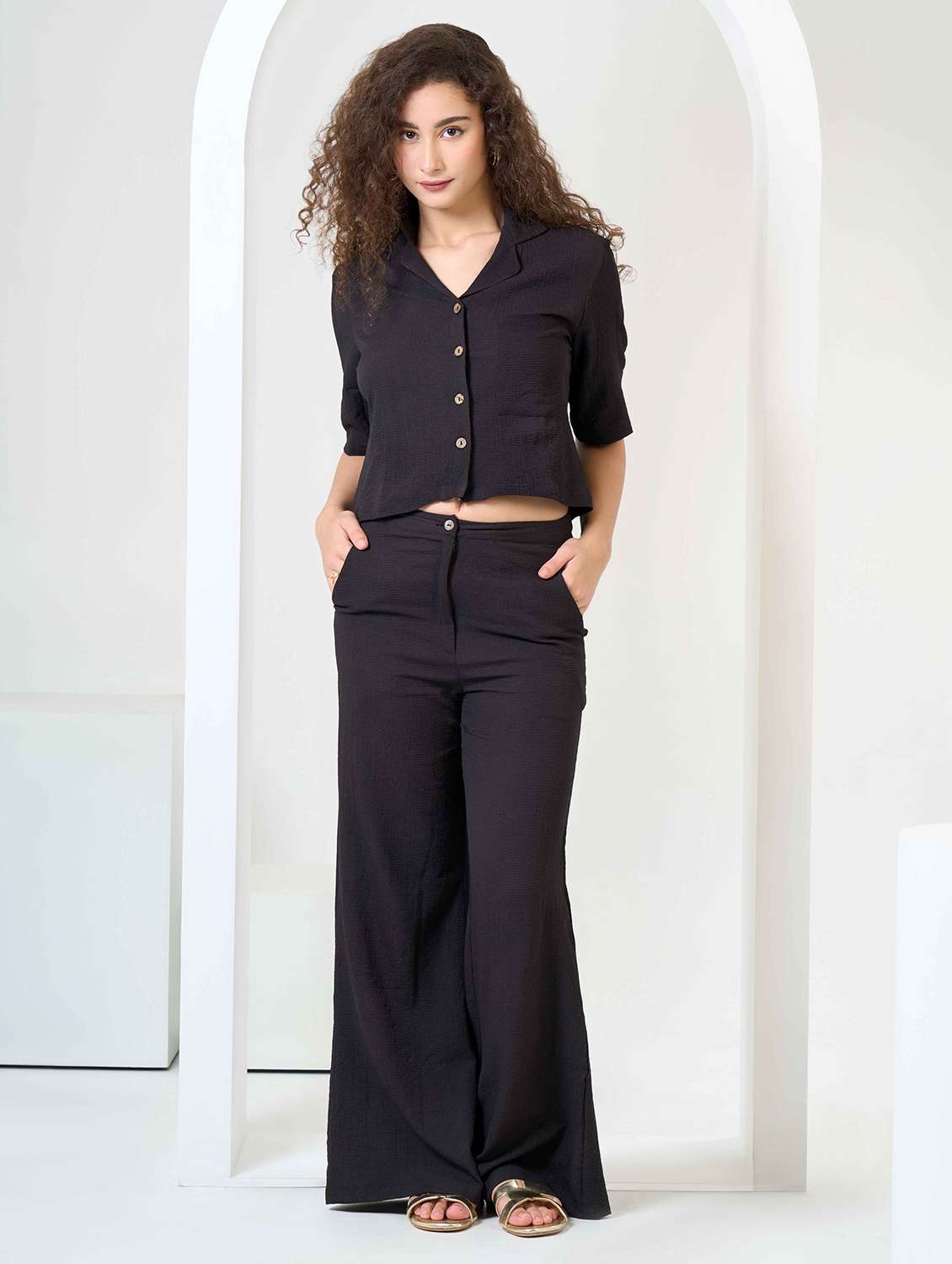 women solid shirt and trouser co-ord set