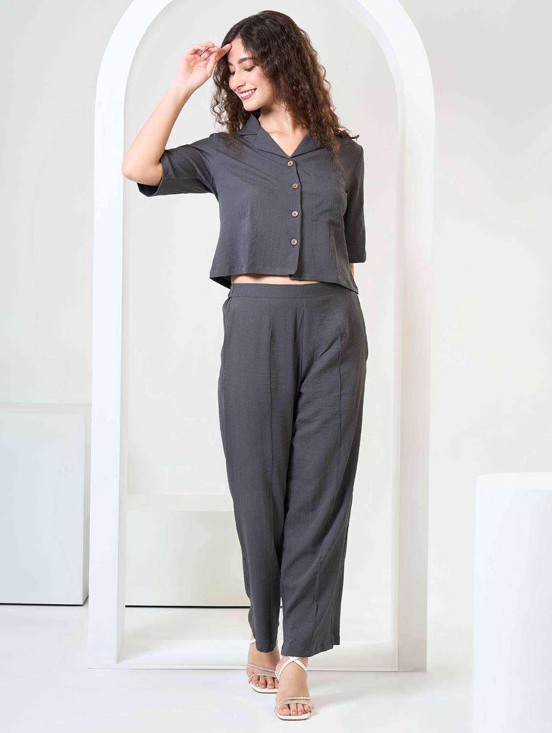 women solid shirt and trouser co-ord set