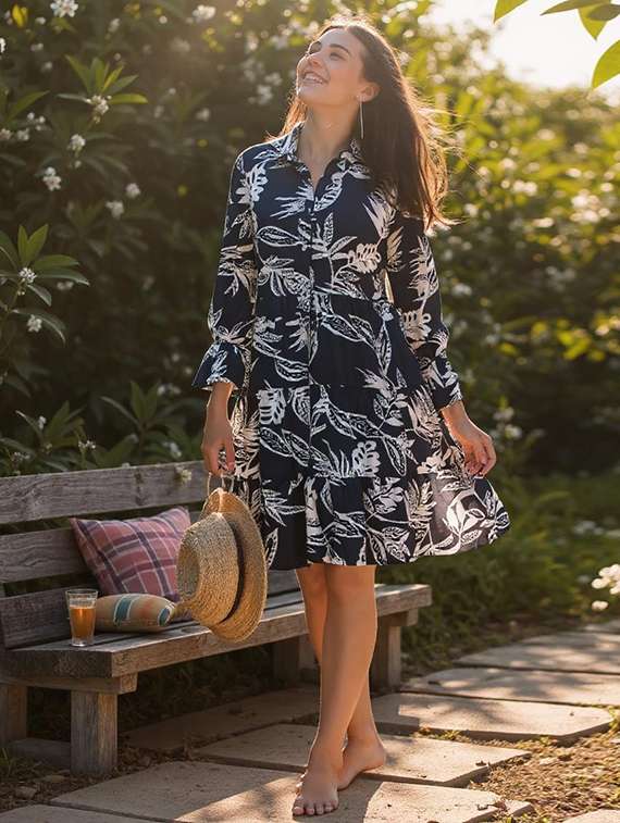 women printed long sleeve collared tiered dress
