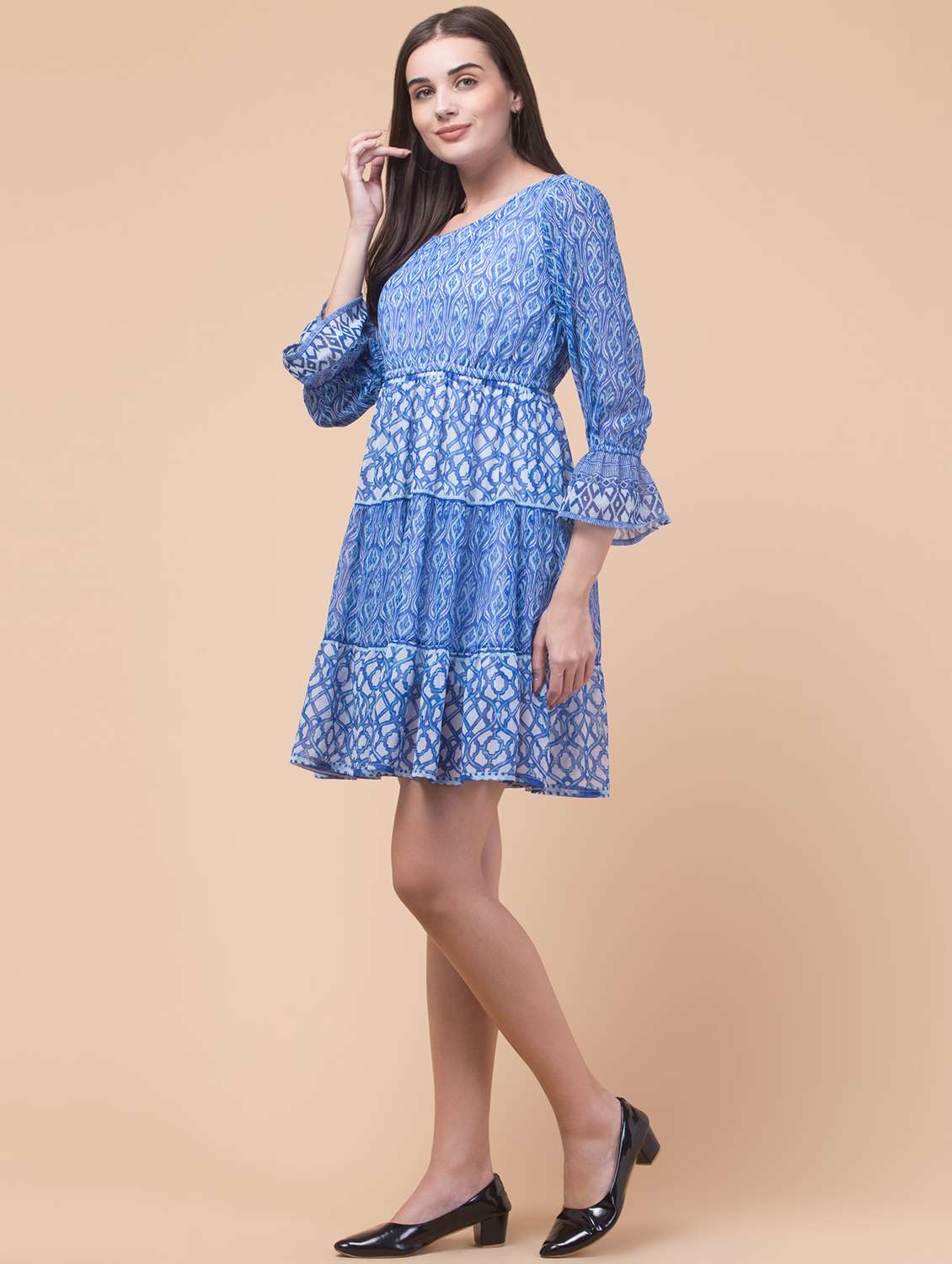 women printed long sleeve tiered dress - 22184367 -  Standard Image - 2