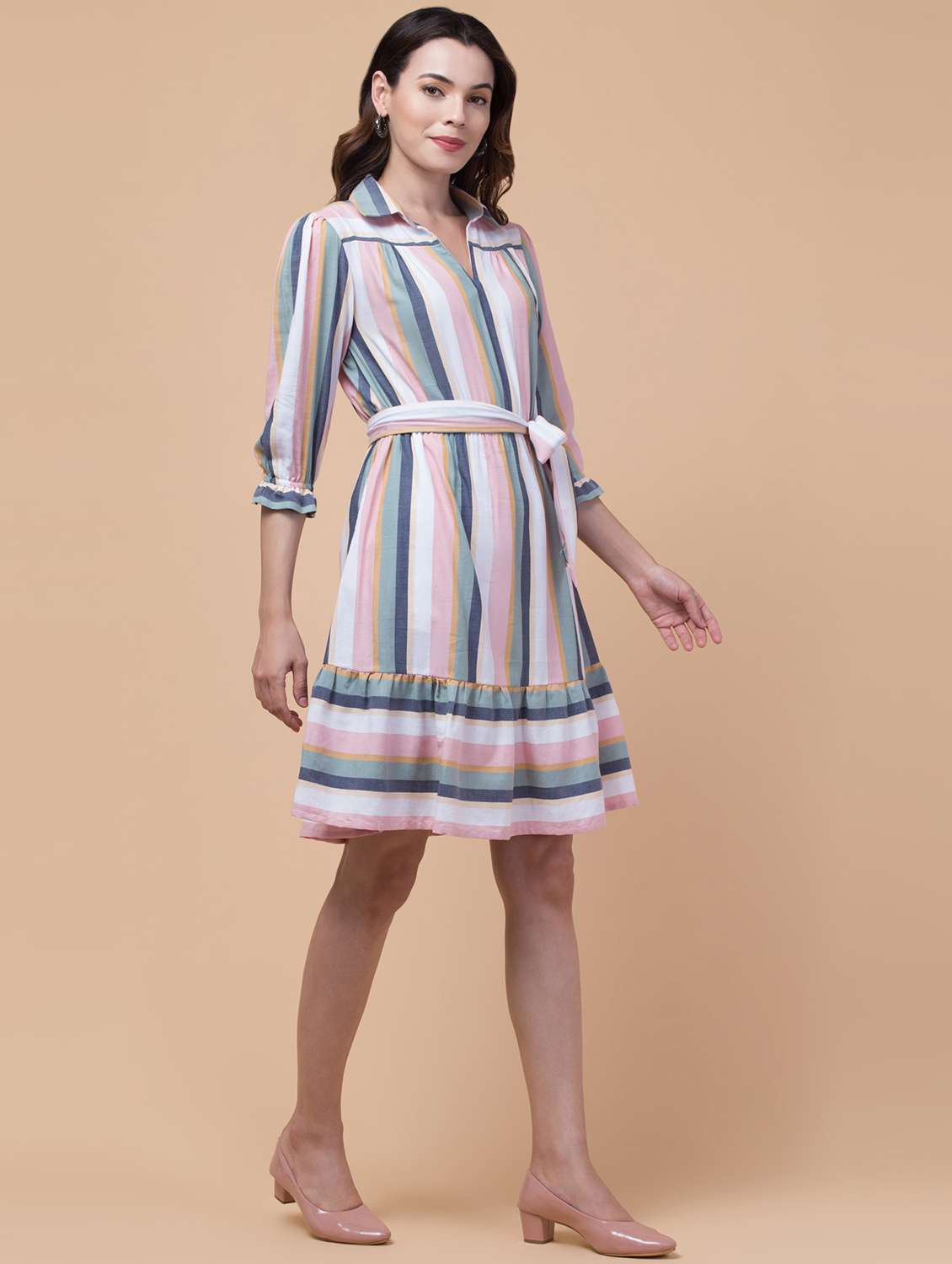 women striped collared tiered dress - 22184371 -  Standard Image - 2